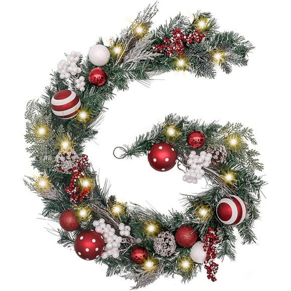 PEONAVET Christmas Garland 6 Ft Pre Lit Christmas Garland Red White Red White Lighted Garland with Striped Bow Red Candy Ornament Xmas Holiday for Front Door Window Table