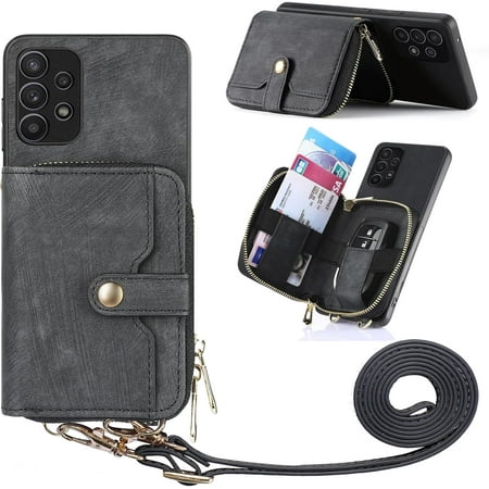 Phone Case for Samsung Galaxy A32 5G 2021 6.5 inch Zipper Wallet Cover with Credit Card Holder Slot Shoulder Crossbody Strap Long Lanyard Leather Cell M32 G5 A 32 32A S32 SM-A326U A326U Women Black