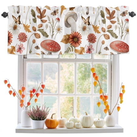 Rustic Autumn Mushroom Floral Leaf Valances for Windows Kitchen Valance Rod Pocket Short Curtain 60x18in Fall Plant Butterfly Valance Curtain Window Valances for Bedroom Bathroom Living Room