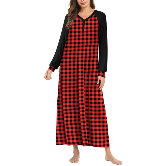 Oudiya Women Long Sleeve Nightgown V Neck Loungewear Button Full Length Sleepwear Nightshirt, M-3XL