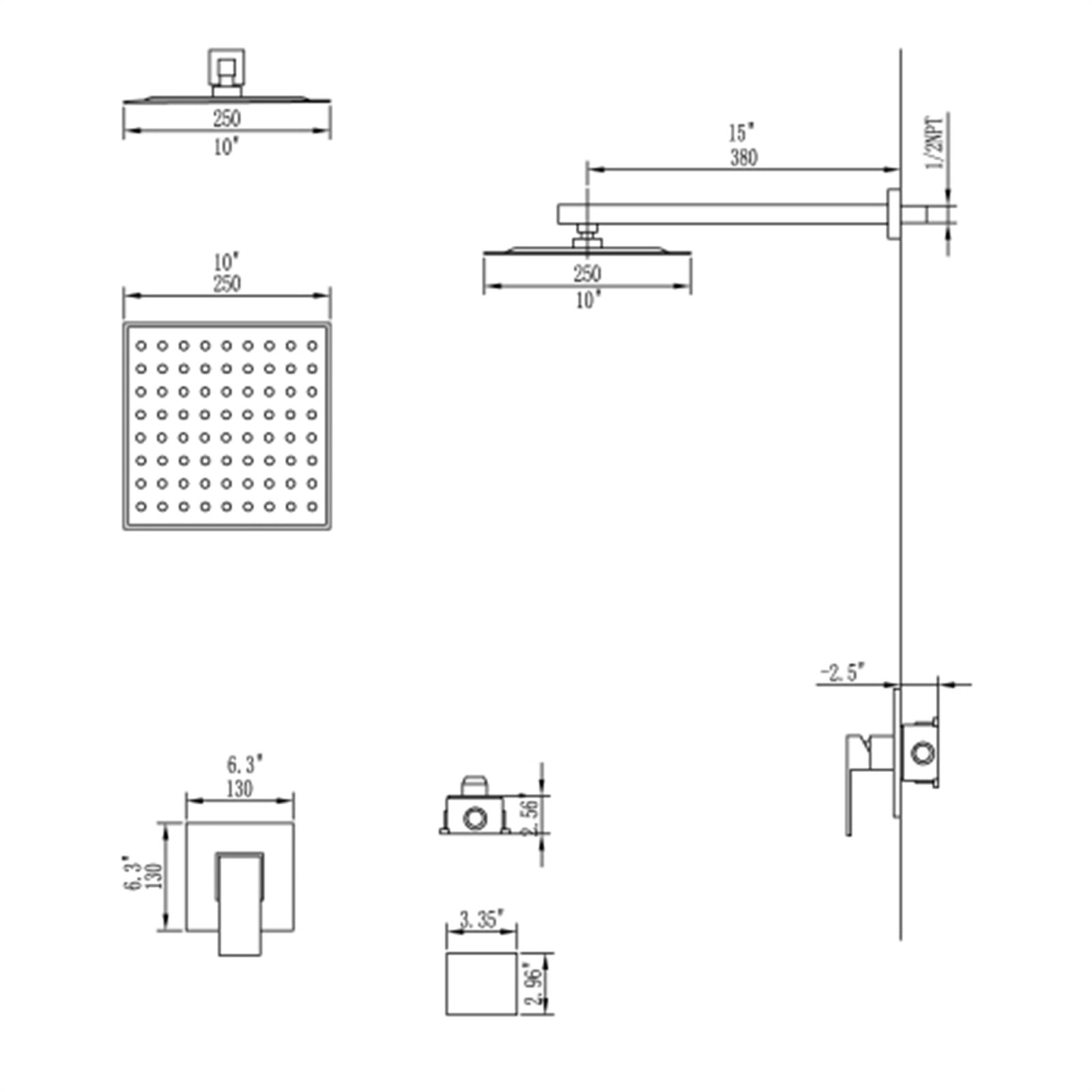 Home Bathroom Square Fixed Shower Head with High Pressure, Unique Design  Wall Mounted Brass Rainfall Shower Head System Luxury Rain Mixer Shower  Set, 