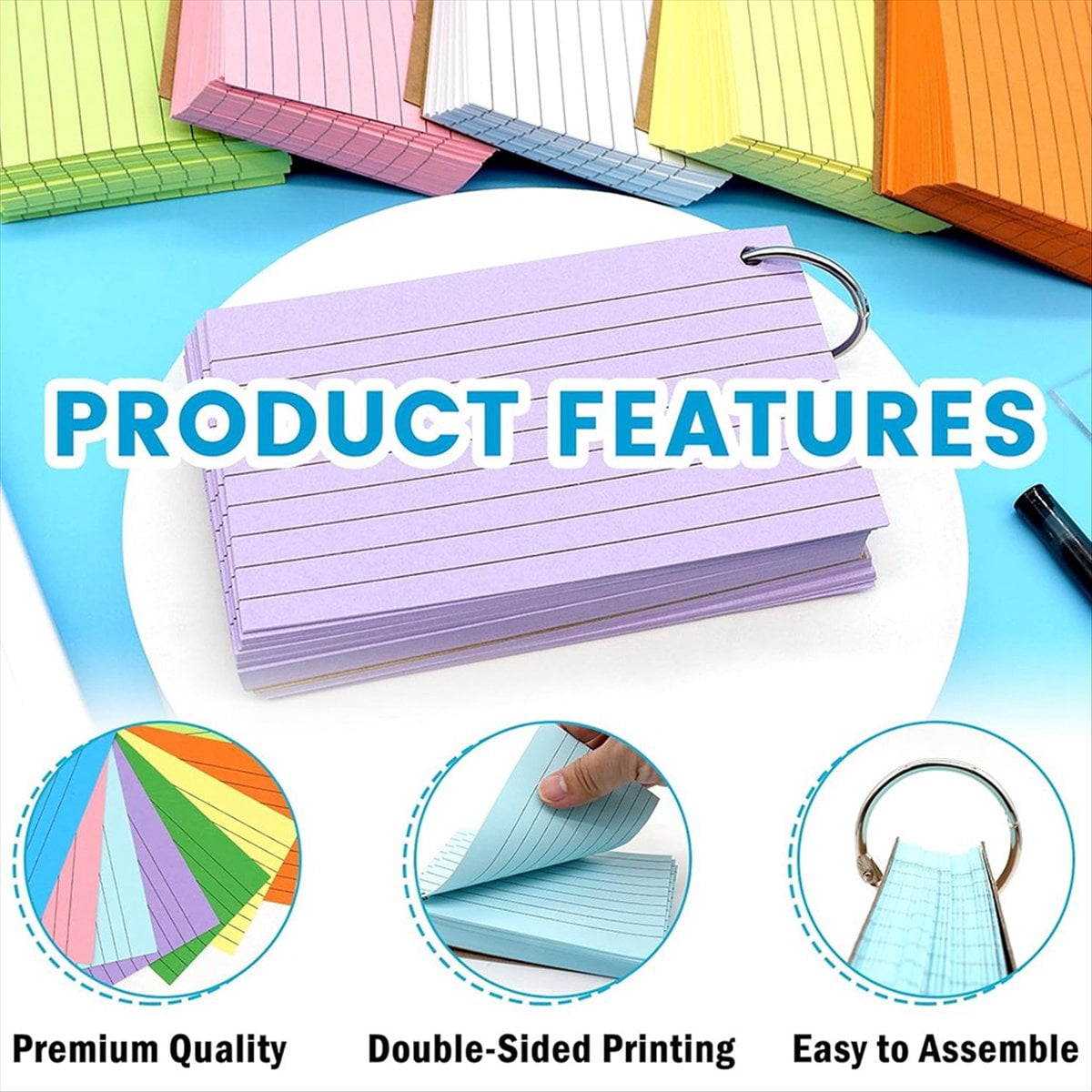 1000 PCS Index Cards 3x5 Inches Colored Flash Cards with Ring, Punched Lined Flashcard Ruled Index Cards Notecards