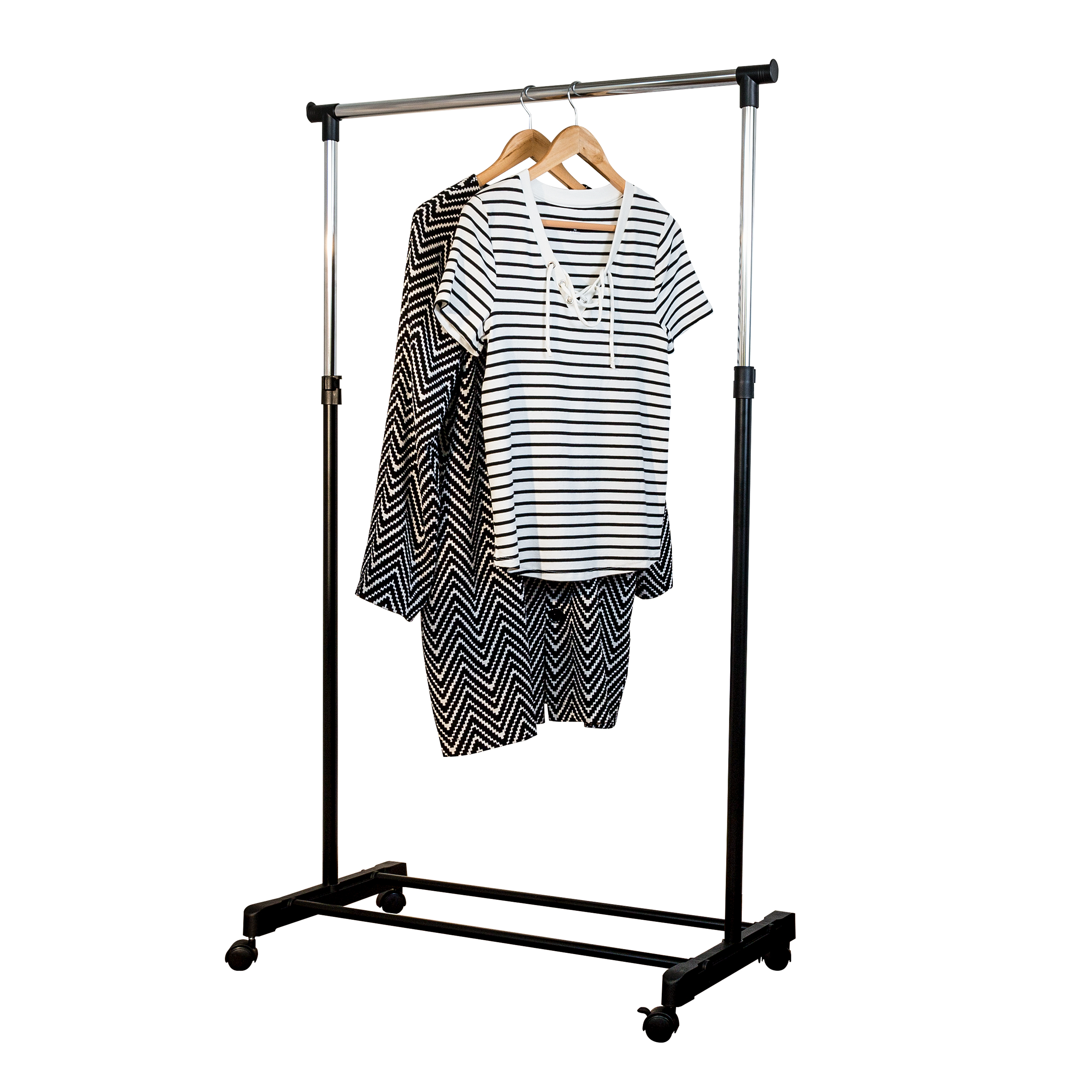 Honey-Can-Do Steel Single Rod Adjustable Height Rolling Clothes Rack, Chrome/Black - image 4 of 6