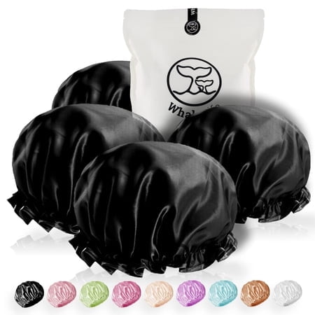 Bonnet de Douche Réutilisable Extra Grand pour Hommes, Femmes (Noir 4 Pack) Satin Double Couche Eva Imperméable Bonnet pour Cheveux Longs