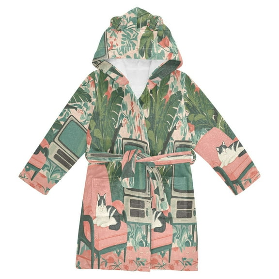 FORMRS Niños Bathrobe Unisex Hooded Robe Soft Plush Pajamas Sleepwear, Size 2-3T, Pink and White Cat