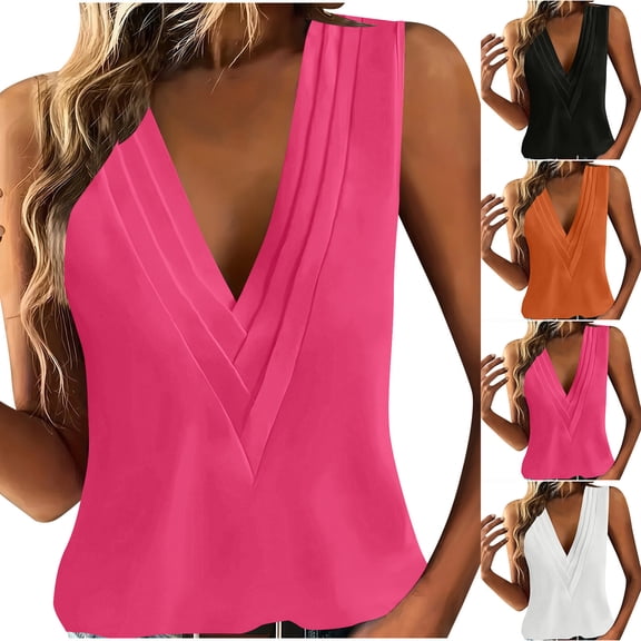 Feancey Plus Size Dressy Tank Tops for Women Deep V Neck Sleeveless Blouses Low Cut Casual Business Tank Top Solid Color Summer Tanks Hot Pink 5XL