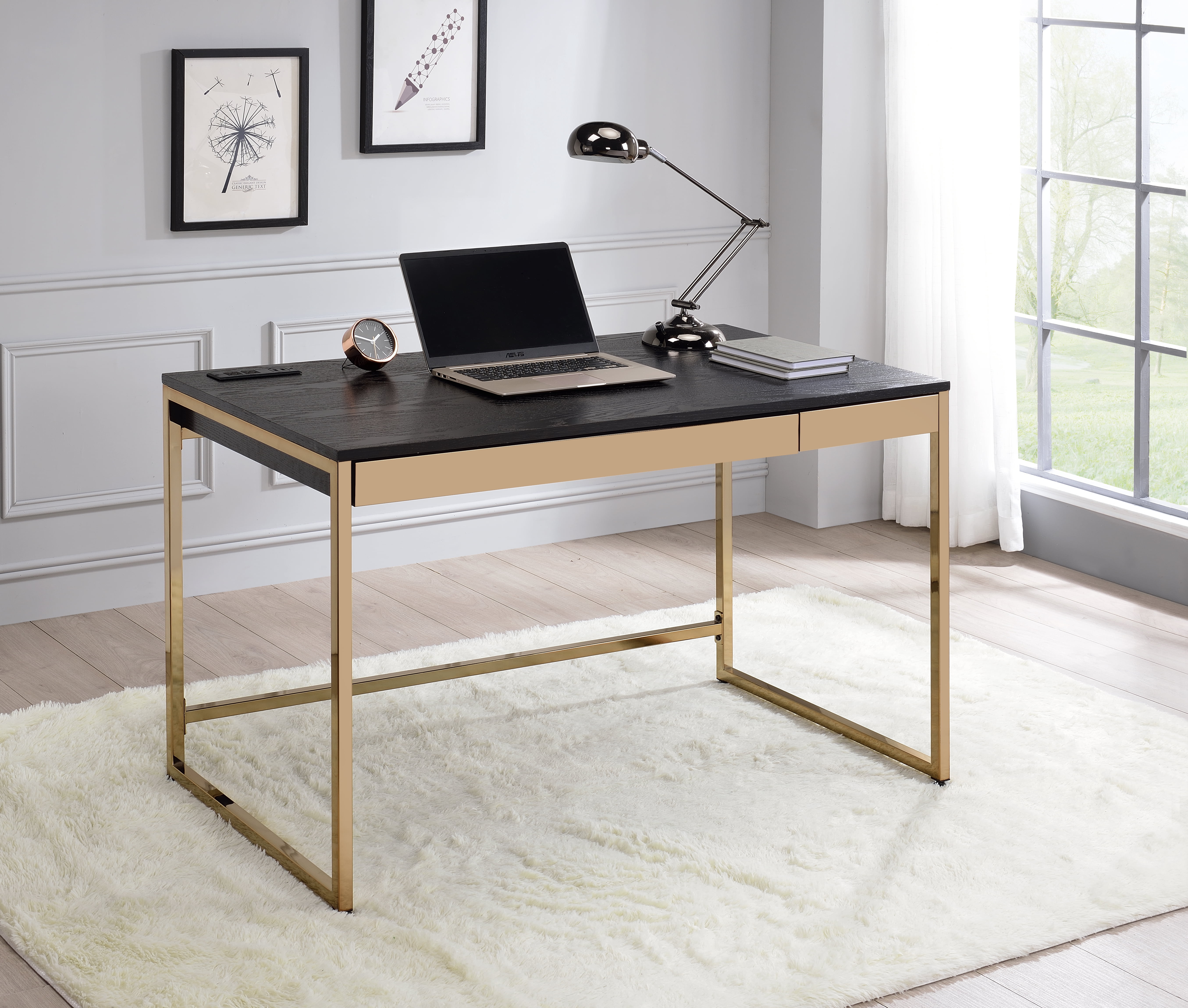 Furniture of America Writing Desk with USB Outlet, Black and Copper