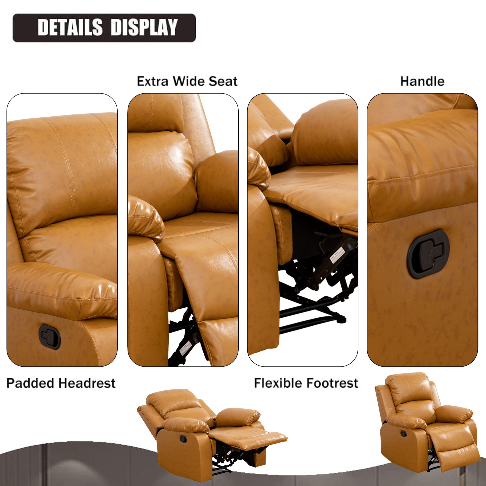 Aukfa Leather Recliner Chair, 38" Overstuffed Armchair Living Room Read Chair for Adults, Ginger