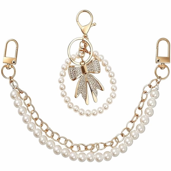 Purse Charm Set with Pearl Beaded Chain Gold-Bag Chain for Handbags Tote Shoulder Crossbody Bag Accessories (Gold Bow-1 Set)