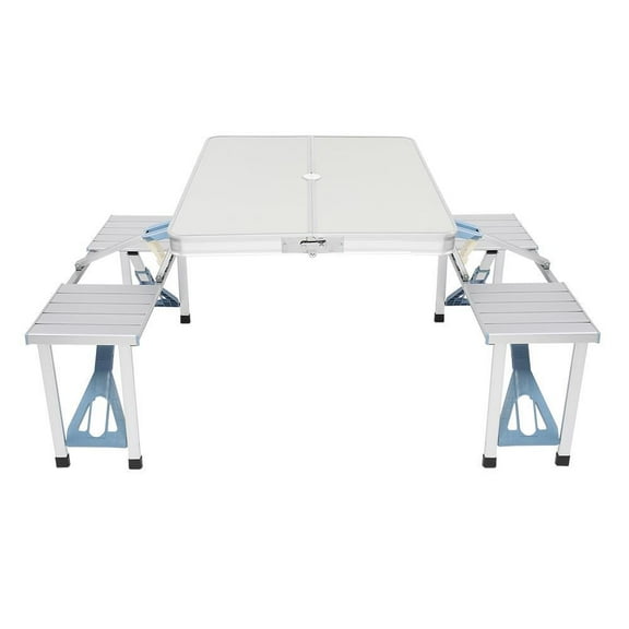 SAZYY Portable Folding Table with 4 Seats, Heavy Duty Aluminum Picnic Table and Bench Set with Suitcase and Umbrella Hole for Camping Dining BBQ