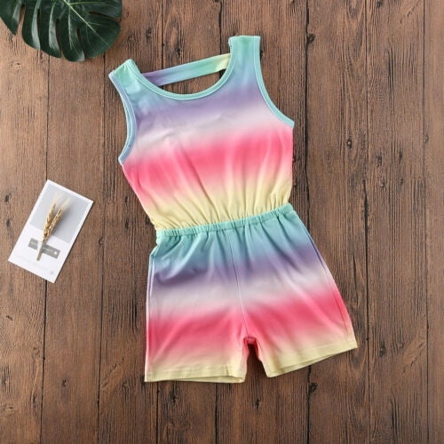 Vêtements pour Bébé Fille Barboteuse Arc-en-Ciel Sans Manches Combinaison Rayée Colorée Tenues 1-6T