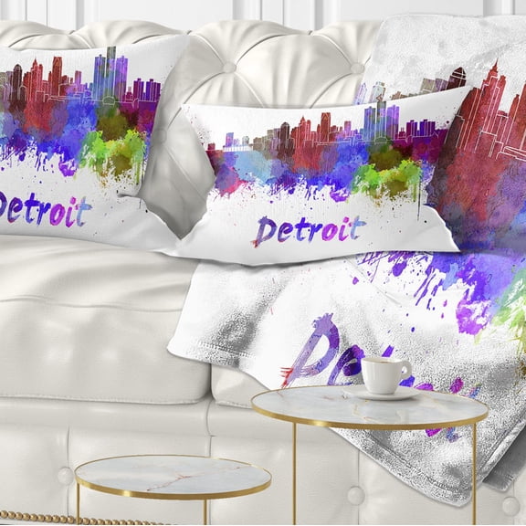Designart Detroit Skyline - Cityscape Throw Pillow - 12x20