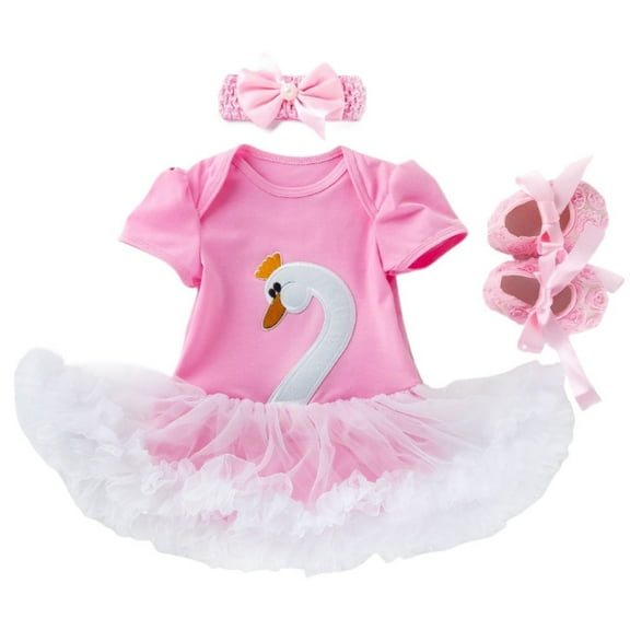 BENJAMJAM 0-2Y Summer Swan Short-Sleeve Dress, Shoes, and Hair Accessory 3-Piece Set Infant Clothing