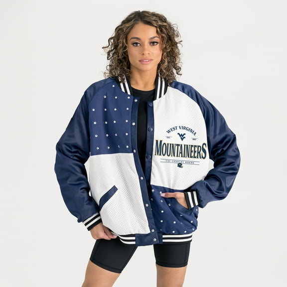 Women's Gameday Couture Navy West Virginia Mountaineers Oversized Inner Drive Varsity Rhinestone Full-Snap Bomber Jacket