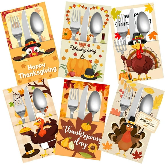 24 Pieces Thanksgiving Cutlery Holders, Paper Utensil Wraps Bag, Maple Leaf Turkey Pumpkin Pattern Silverware Pouch Bags For Fall Harvest Party/Thanksgiving Day Dinner Table Decoration