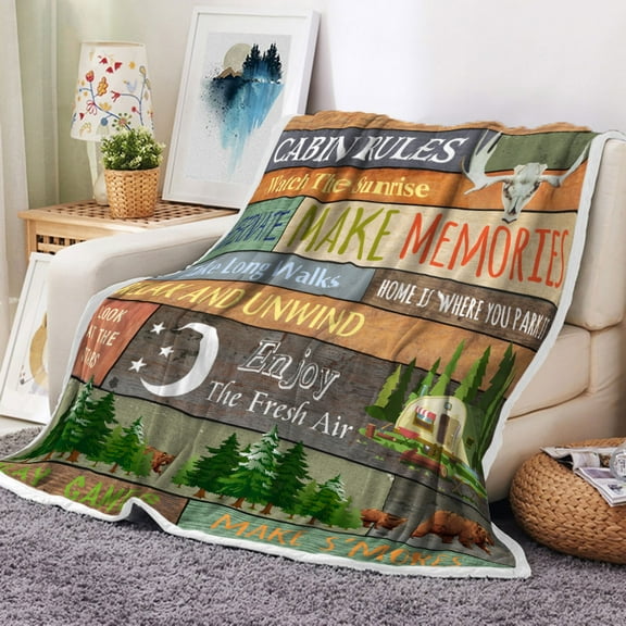 Camper RV Throw Blanket, Camping Tent with Trees Rustic Throw Flannel Blankets for Couch & Bed, Camper Plush Cozy Fuzzy Blanket 50" x 60", Super Soft & Warm Blankets