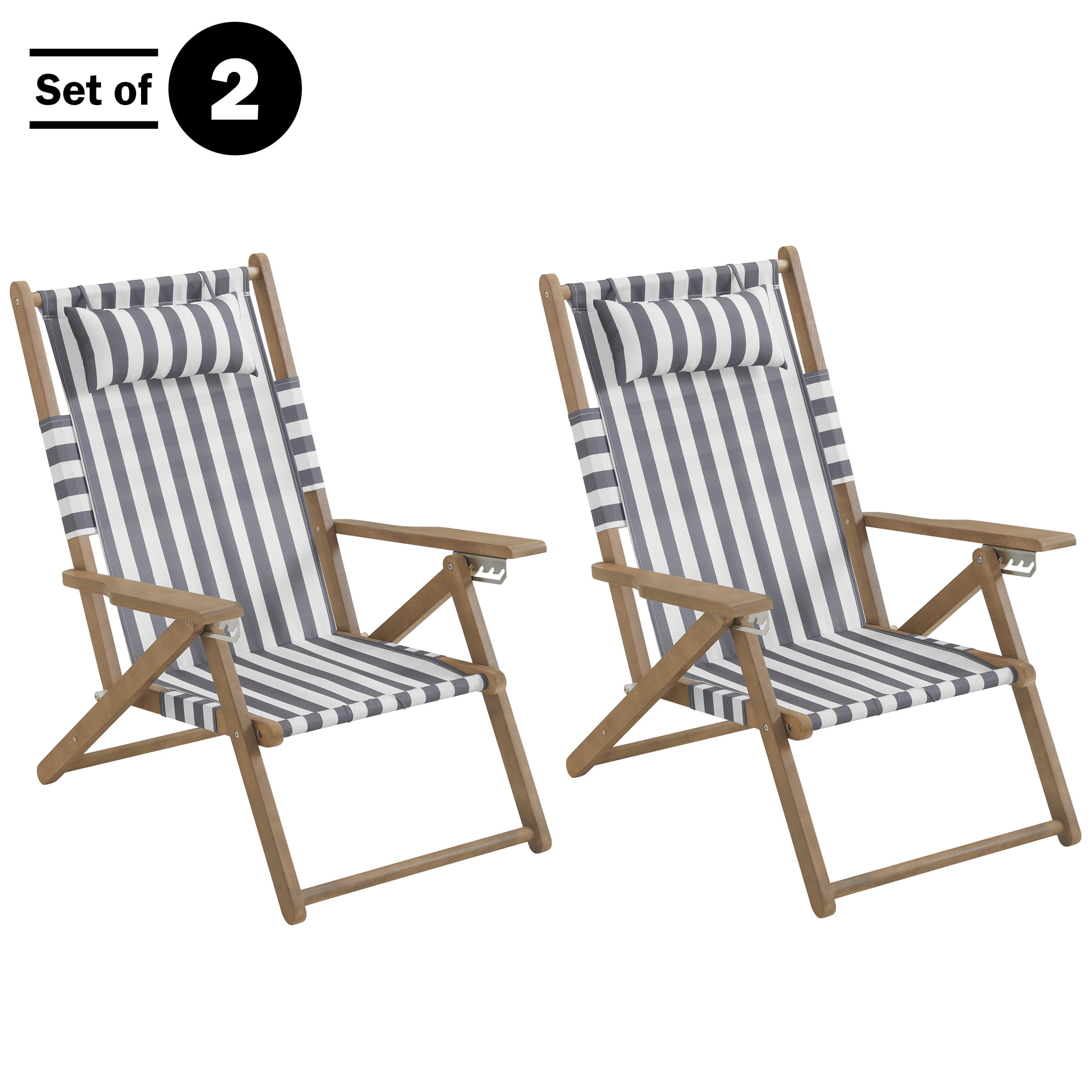 Lavish Home Set of 2 Folding Beach Chairs – 4-Position Recliners with Carry Straps, Gray Stripe