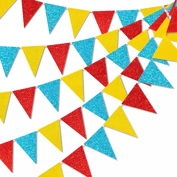 CCOCC 45 Pieces Colorful Pennant Flags - 49ft Carnival Theme Party Garland Banner Yellow Blue Red Glitter Paper Pennant Triangle Bunting Flag for Baby Shower Home Classroom Decor