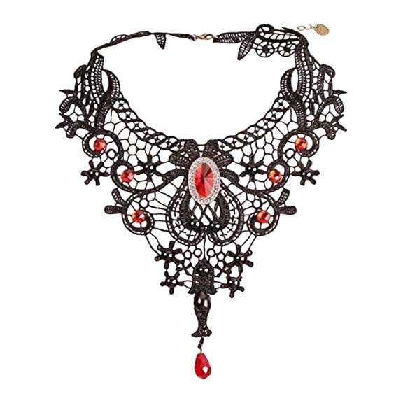 Elegant Gothic Black Lace Choker Necklace with Red Gemstones Victorian Vintage Style Statement Jewelry for Women