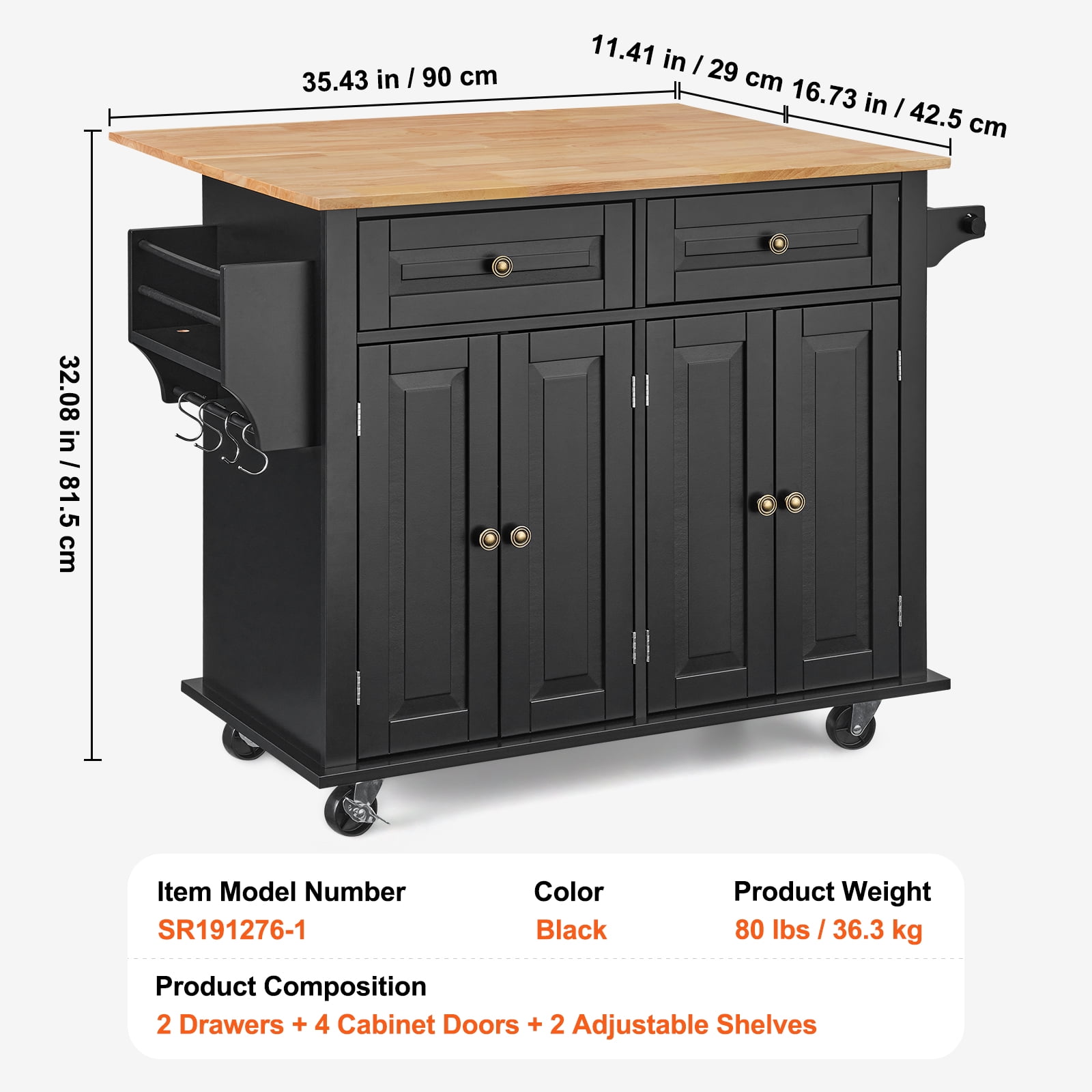 KFFKFF Mobile Kitchen Island, 43" Wooden Surface, Equipped with Cabinet Storage, Extendable Table, Spice Holder, Towel Handle, Single Drawer, and Hooks, Easy-to-Move Casters, in Black