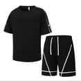 thumbnail image 6 of PNTUTB Men's Solid Color Striped Crew Neck Short Sleeve Loose T Shirt and Elastic Waist Drawstring Shorts Set, 6 of 6