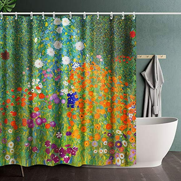 INVIN ART Bathroom Shower Curtain Set with Hooks,Flower Garden by Gustav Klimt,Home Art Paintings Pictures for Bathroom