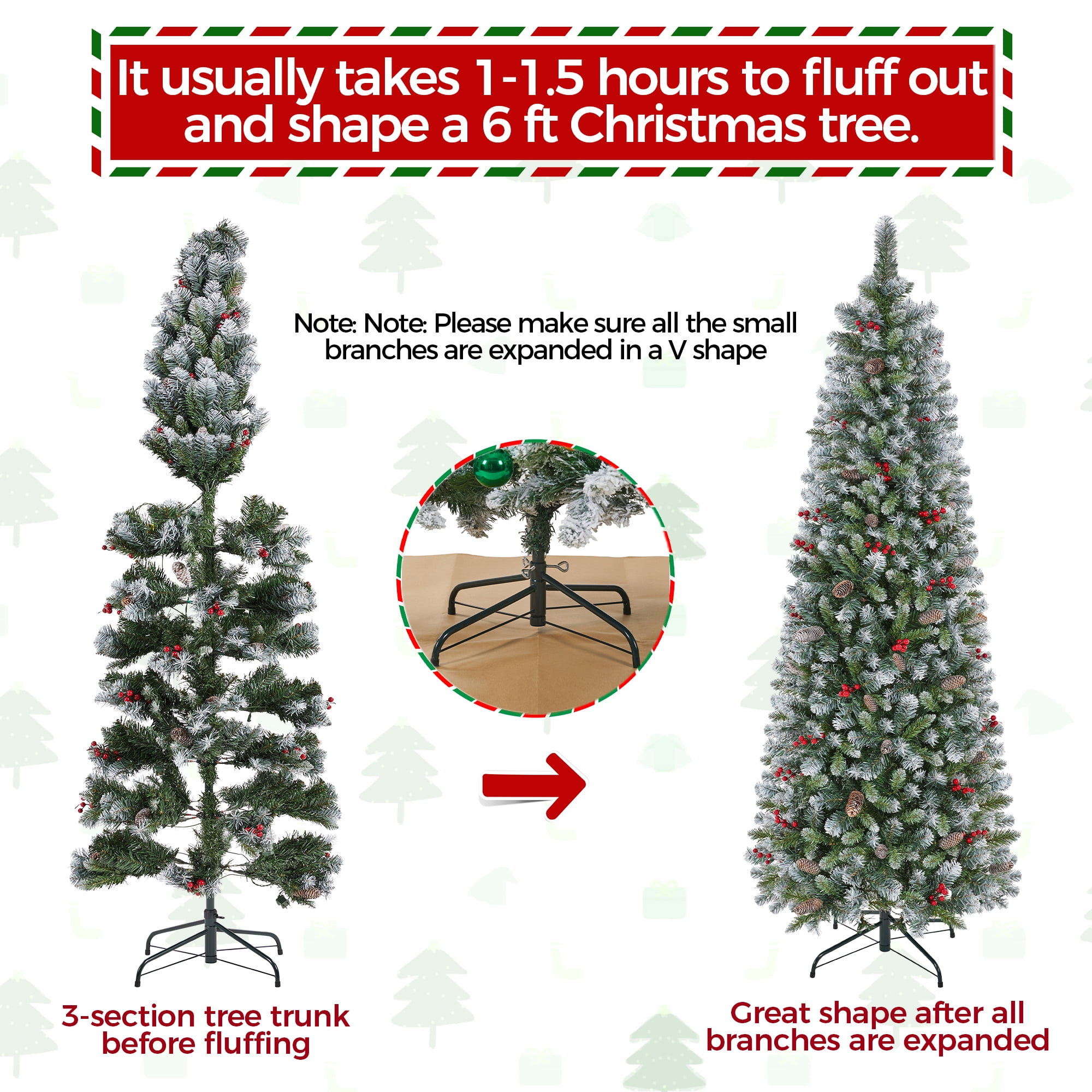 Alden Design 6FT Pre-Lit Pencil Christmas Tree with Pinecones and Red Berries, Snow-Dusted PVC Holiday Tree, Green