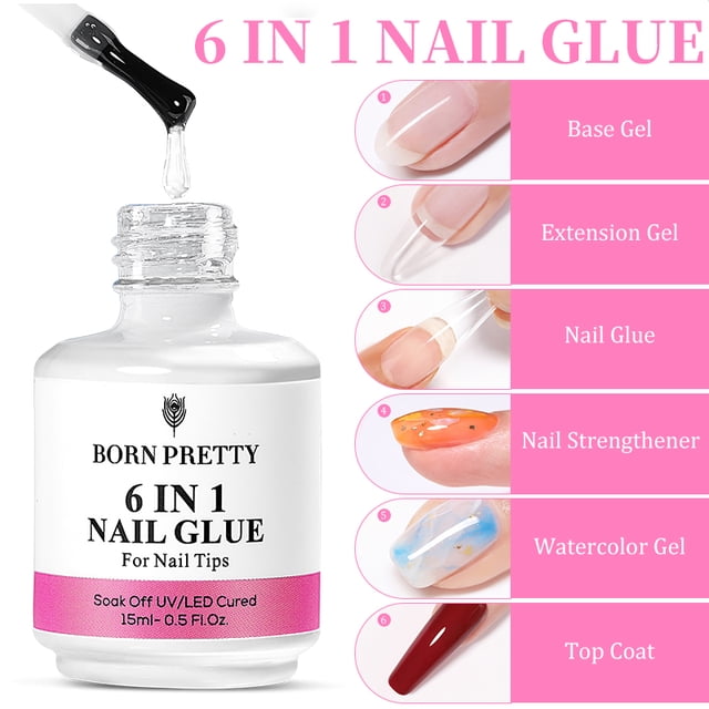 BORN PRETTY-Gel de pegamento para uñas 6 en 1, 15ML, para uñas acrílicas, Base de Gel para remojar, capa superior, extensión UV, Gel para uñas postizas