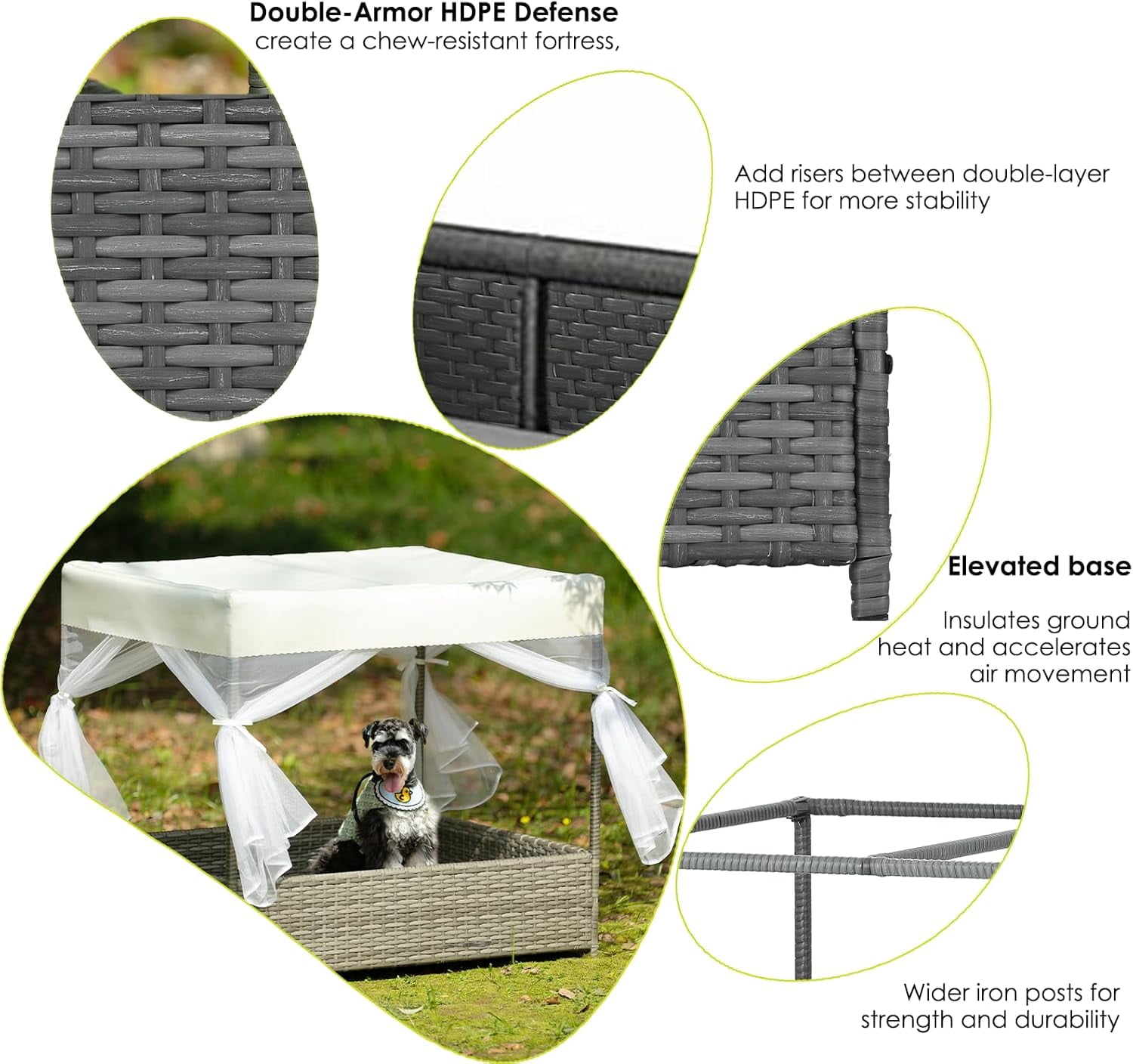 36"Wicker Dog House Outdoor Indoor with Canopy, Weatherproof Outside Dog Shelter Bed with Cushion, 4-Sided Mesh Windows, Pet House Tent Shade for Small Medium Dogs, Rattan Dog Cot for Deck Patio Yard