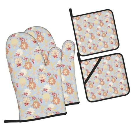 

Zufioo Butterfly Flower Oven Mitts and Pot Holders 4pcs Set Kitchen Oven Glove High Heat Resistant 500 Degree Extra Long Oven Mitts for Kitchen Baking Cooking