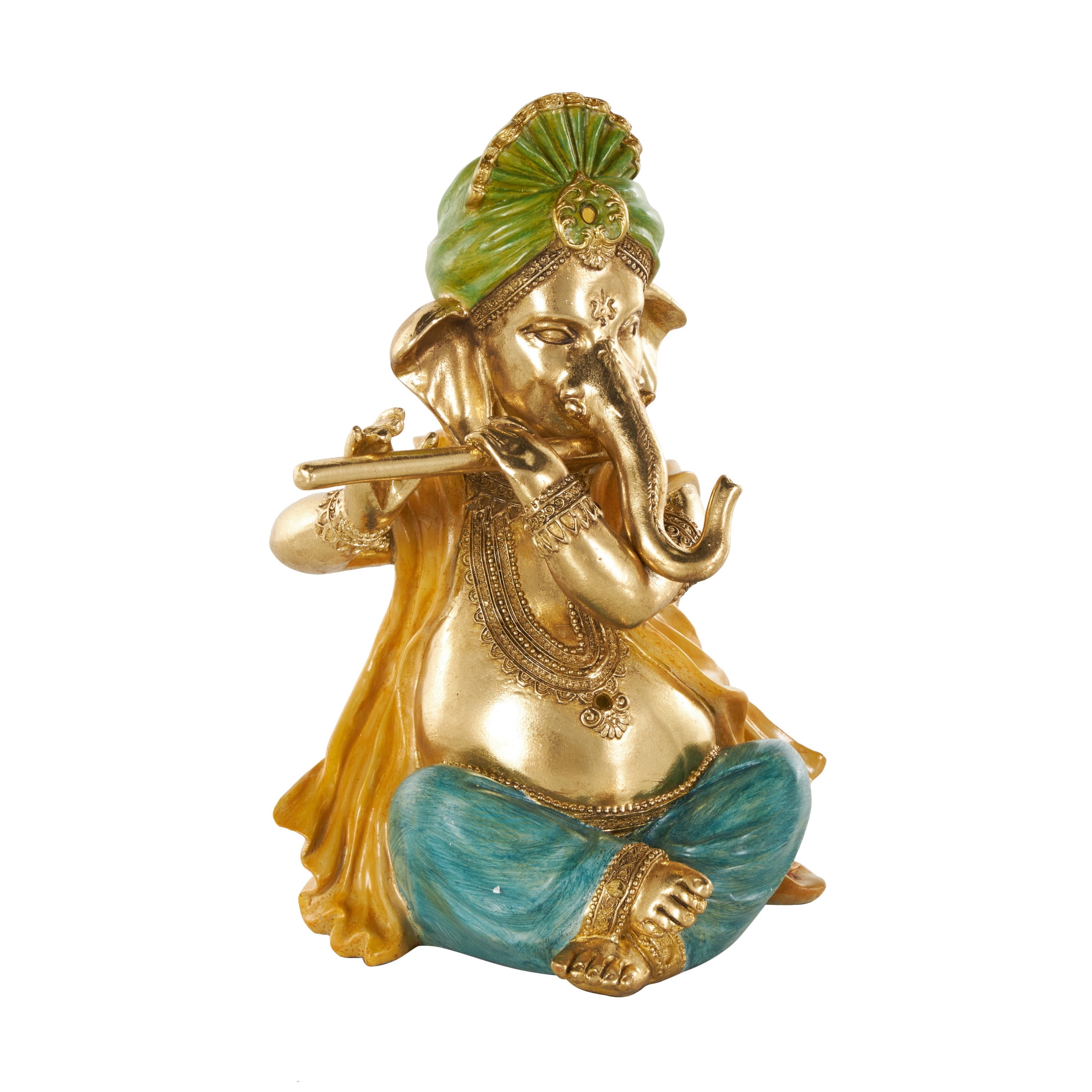 9" x 11" Gold Resin Musician Ganesh Sculpture with Green, Yellow, and Teal Accents, by DecMode
