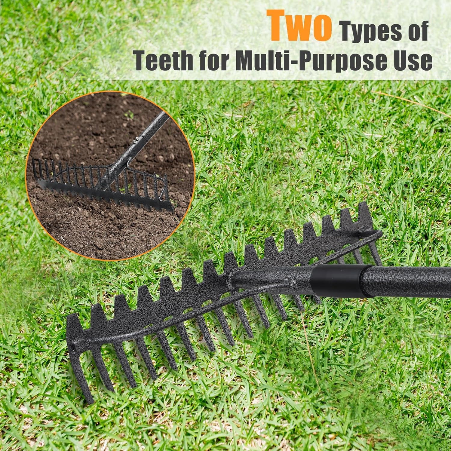 Garden Rake, 63 inch Long Handle with 17 Tongs, Heavy Duty Metal Rake for Loosening Leveling Soil, Grass, Wedding
