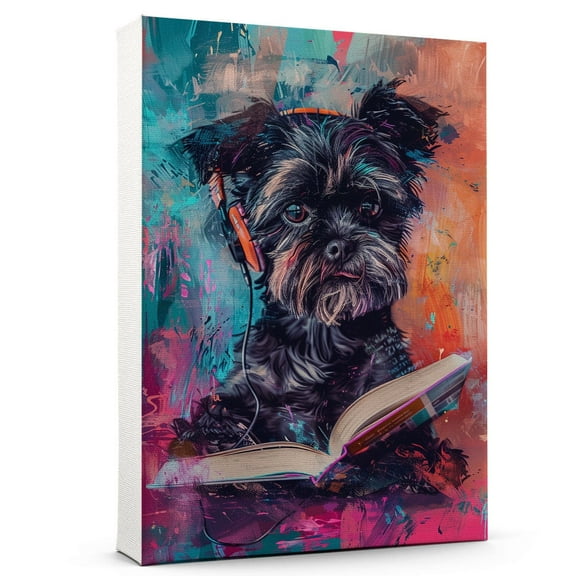 Hudo Affenpinscher Dog read Book Painting Wall Art, Cute dog Headphones - Funny Dog Canvas Poster for Kids' Room Decor Ready to Hang