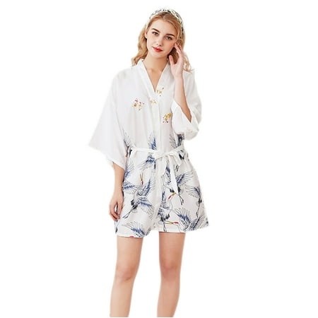 

Women Nightwear Short Robe Faux Silk Sleepwear Luxurious Ladies Summer Satin Animal Print V-Neck Half Sleeve Lace Belt Loose Nightwear Bathrobe White XL