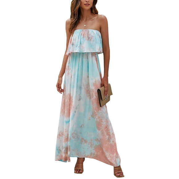 Womens Summer Dresses Blue and White Porcelain Strapless Boho Maxi Long Dress