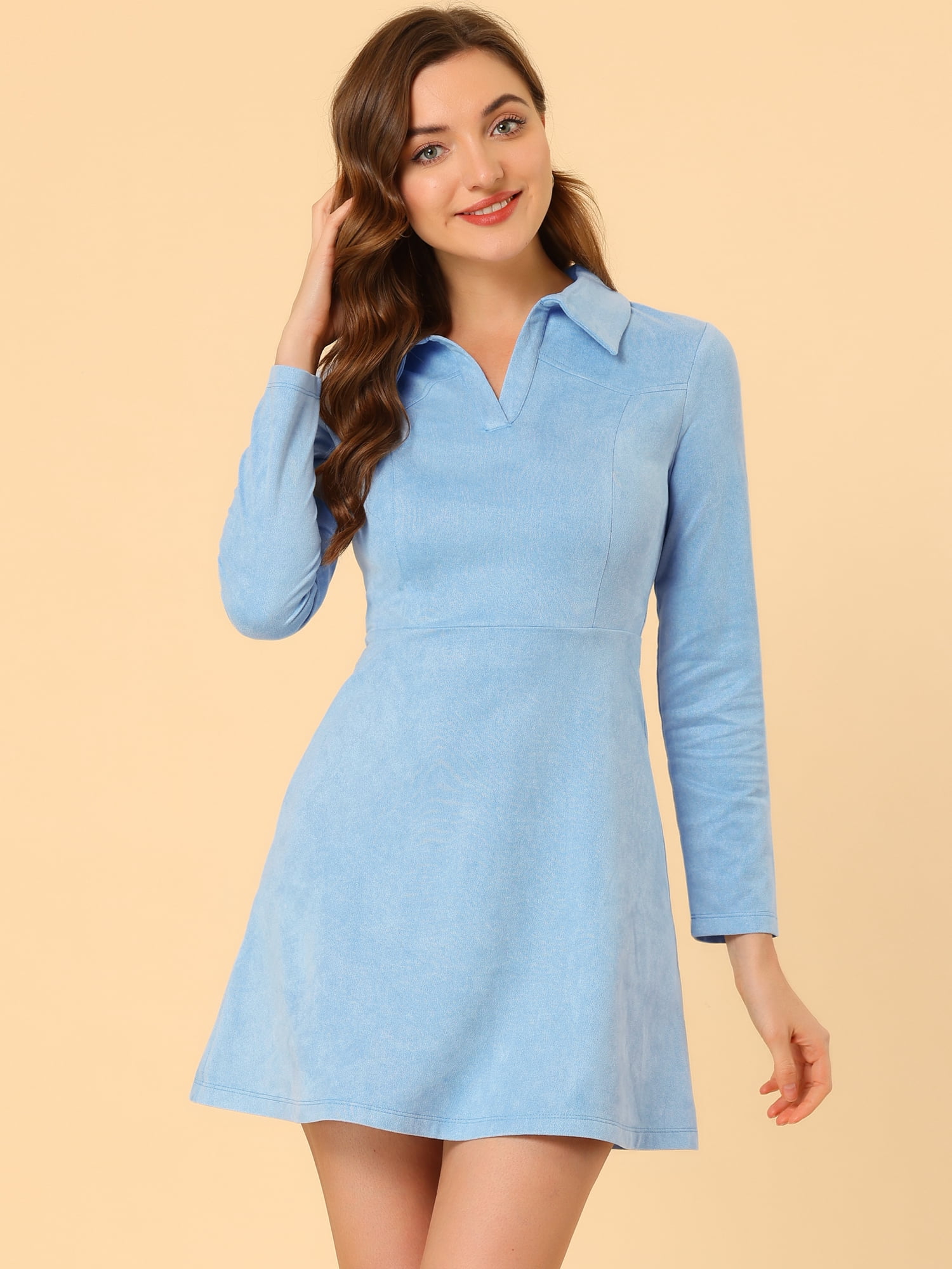 DARING DIVA Faux Suede Lapel Neck Long Sleeve A-Line Dress M Light Blue
