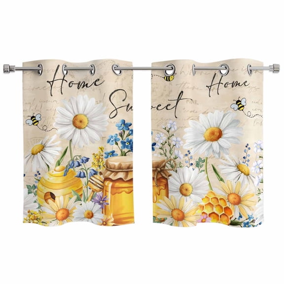 White Daisy Kitchen Curtains Window Panels, Spring Floral Bees Elegant Pastoral Botanical Insulated Window Treatment Curtain, Grommet Curtains for Bedroom/Living Room/Bathroom, 2 Piece 27.5"Wx39"L