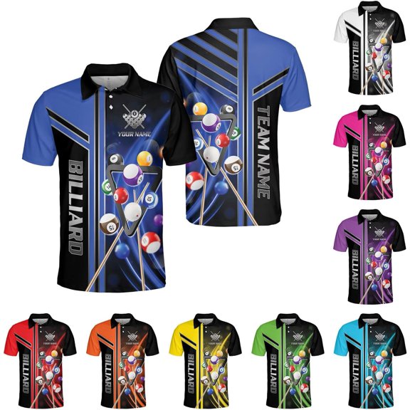 Personalized Billiard Polo Shirts, Billiards Shirts for Men, Pool Shirts, 3D Billiards 8 Ball Pool, Billiard Team (Blue, S)