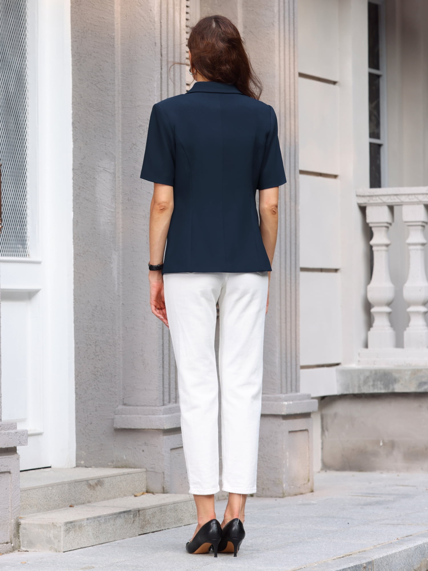 DARING DIVA Women's Summer Short Sleeve Blazer with Pockets S Navy Blue