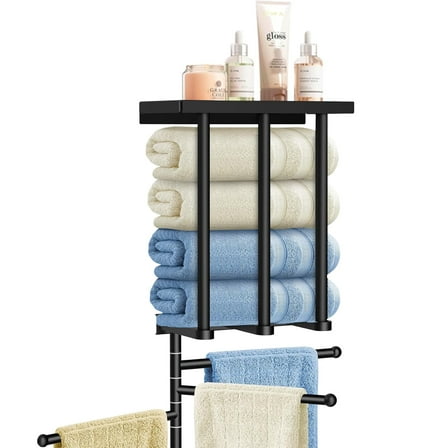 Swivel Towel Rack with 3-Arm Towel Bar, Towel Rack with   Shelf, Towel Storage Holders Wall Mounted, Swing Out Towel   Hanger for Bathroom, Kitchen, Black