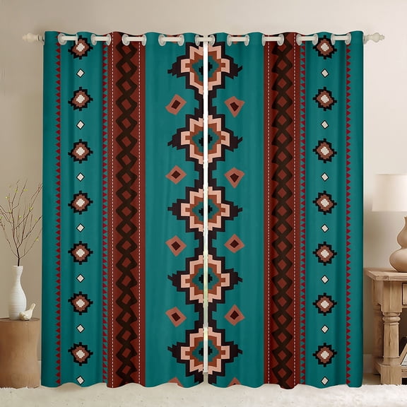 Homewish Southwestern Aztec Geometric Black Out Curtains,Retro Rhombus Stripe Curtains Pack of 2 (42x63 Each),Cyan Brown Bedroom Curtains For Boys Kids,Microfiber Bedroom Decor