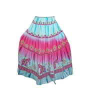 Mogul Womens Long Skirt Pink Blue Printed Fixed Waist Summer Cotton Skirts S