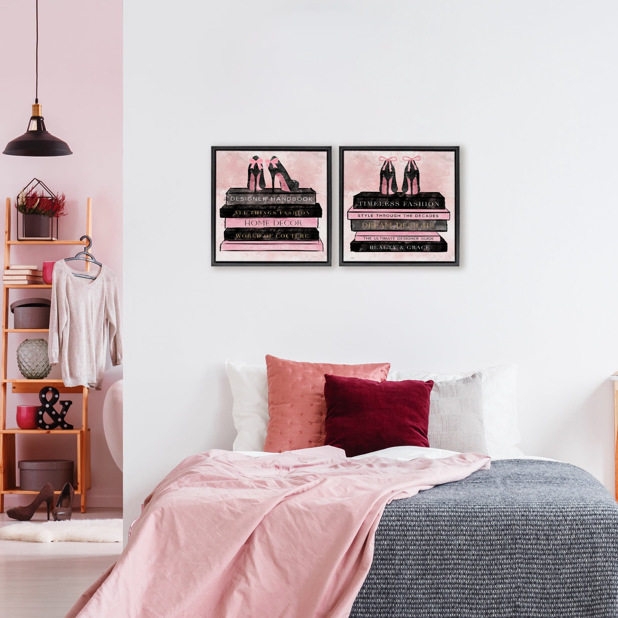 Stupell Industries Pink Heels Atop Books 2 Piece Black Framed Floater Canvas Set, design by Natalie Carpentieri