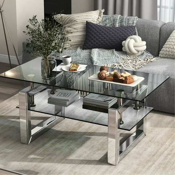 Mirror Coffee Table With Metal Legs - Modern And For Bedroom Office Transparent Tempered Glass 2 Storage Silver Rectangular Desk Office, Living Room,