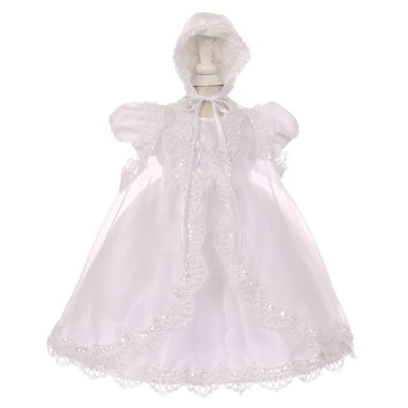 Baptism Bonnet - Little Girls White Sequin Pearl Baptism Christening Cape Bonnet Dress Set