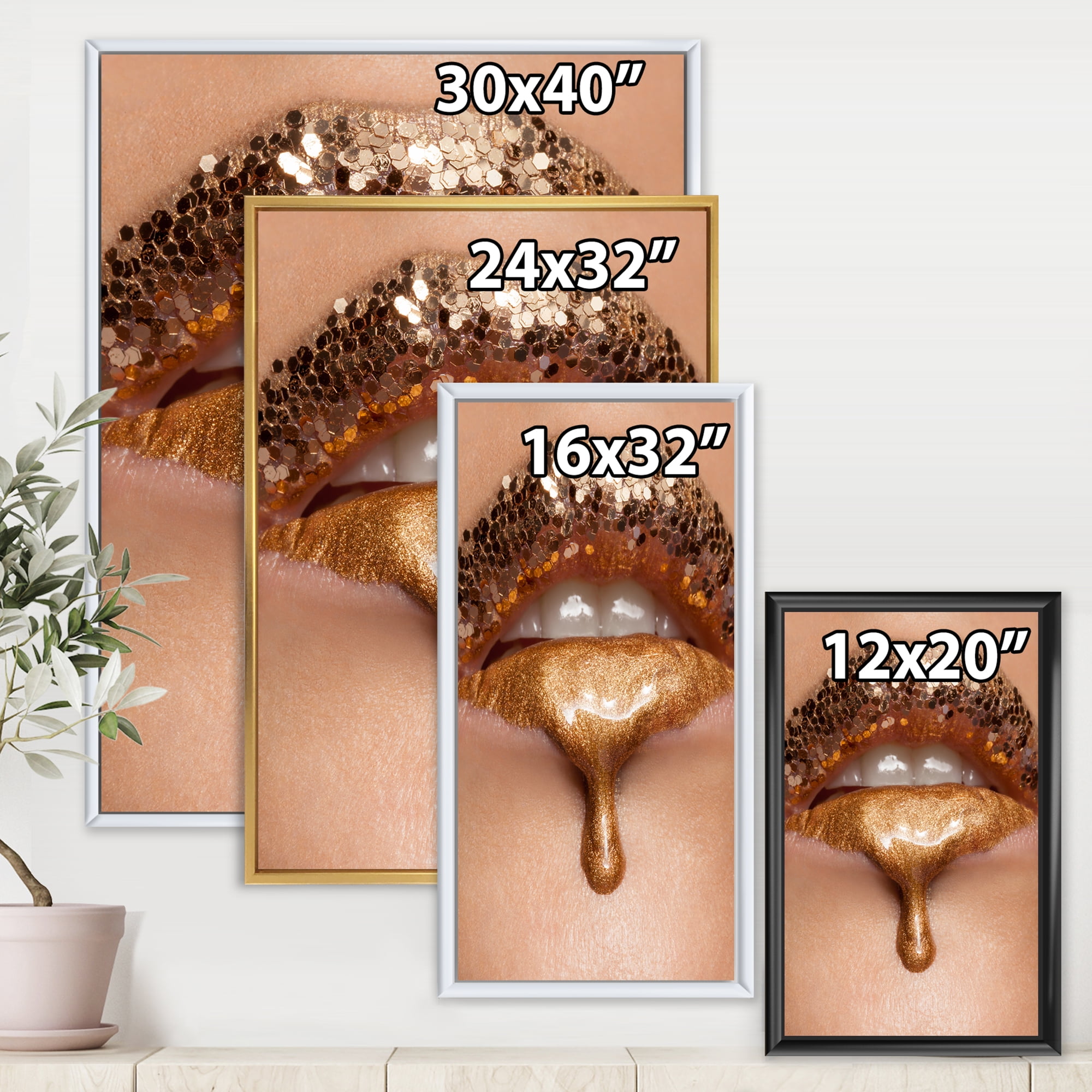 Designart 'Close-Up Of Woman Make-Up Of Gold Liquid Lips' Modern Framed Canvas Wall Art Print