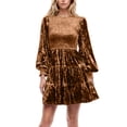 thumbnail image 2 of Ygbgbb Women's Long Sleeved Round Neck Waist Cinched Sleeve Velvet Ruffle Dress (Brown,L), 2 of 7