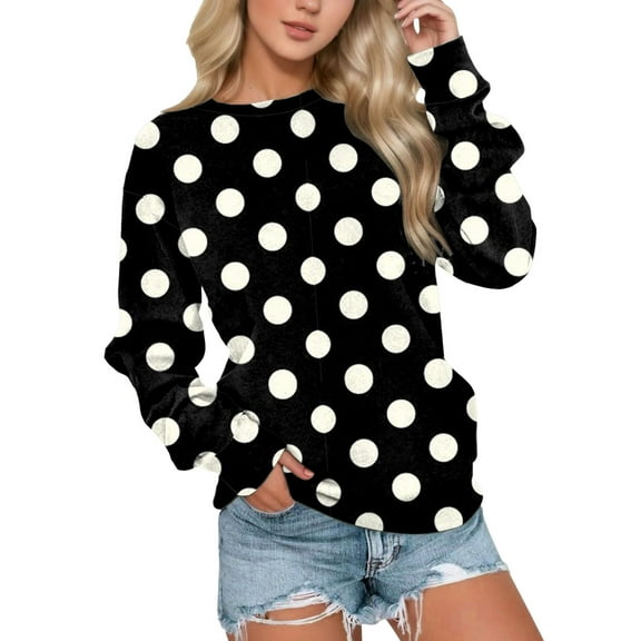 Womens Sweatshirt Casual Pullover Sweatshirts Long Sleeve Round Neck Loose Dot Printed Hoodless Fashion Hoodies Blouses Women Sweater
