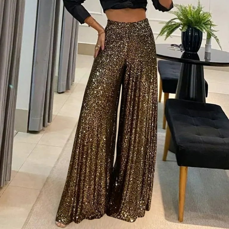 YYDGH Women's Glitter Sequin Pants Sparkly Long Loose Wide Leg