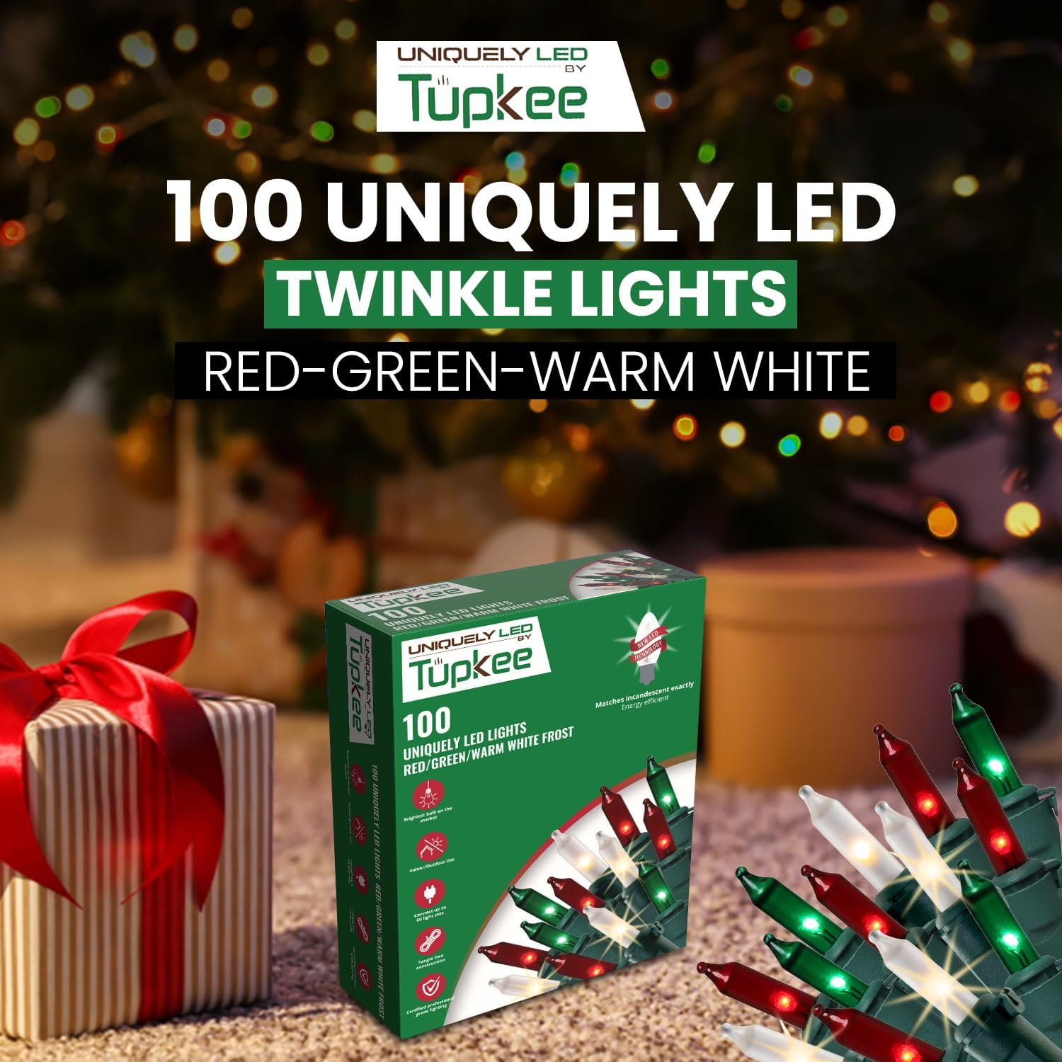 Christmas Uniquely LED Twinkle Lights  Matches Incandescent Exactly - 16 of 100 Lights Twinkling - Indoor Outdoor  100 Red, Green and White Bulbs - 24.75 Feet, Christmas Tree Sparkling Lights String